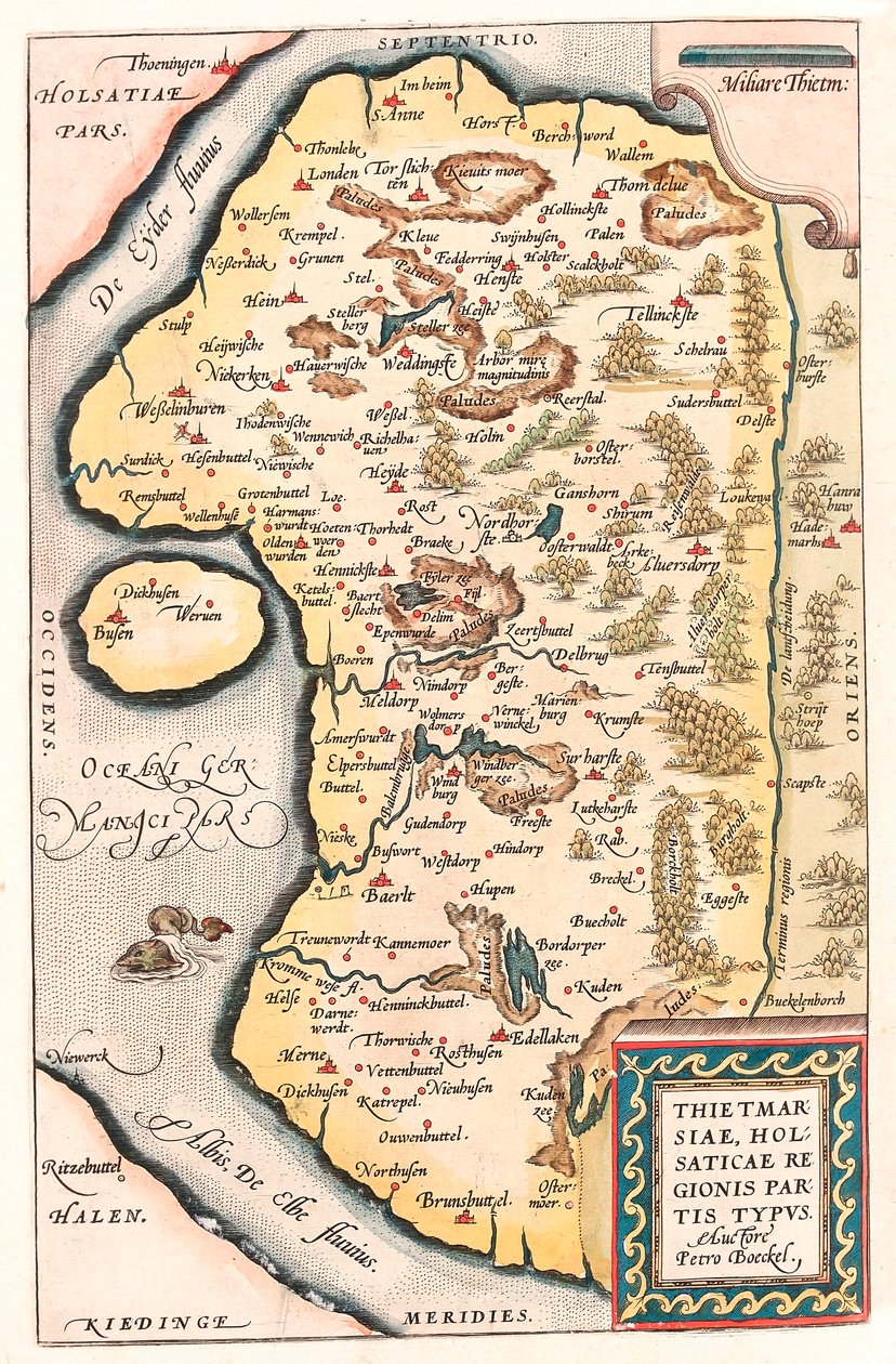 Thietmarsiae, Holsaticae regionis parties typus Geografische kaart van Noord-Duitsland met de stad Kuden uit 