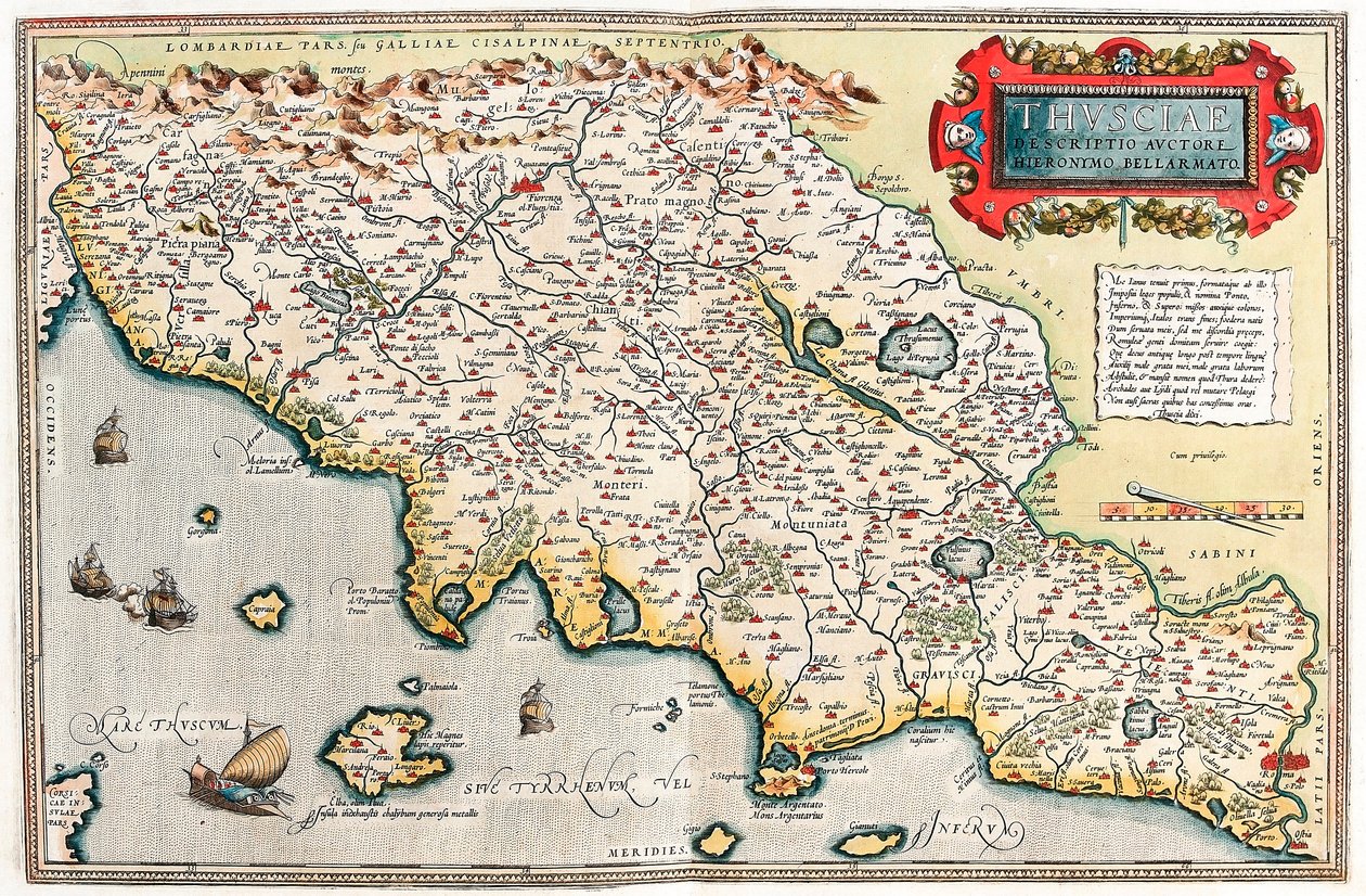 Thusciae. Descriptio auctore Hieronymo Bellamarto Geografische kaart van het gebied van Toscane in Italië uit 