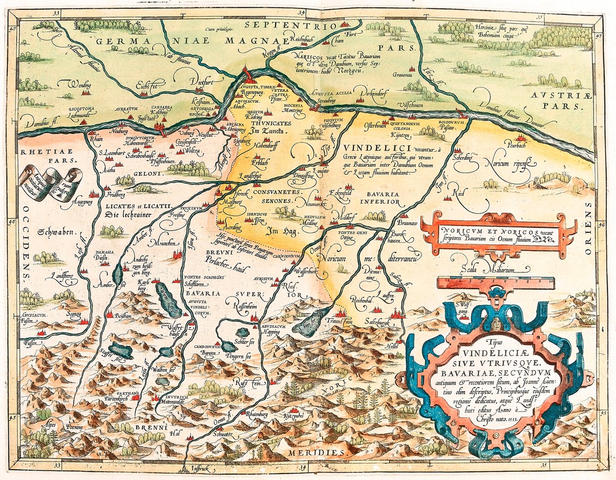 Typus Vindeliciae Ssive Utriusque Bavariae: Secundum antiquam & recentiorum situm, ab Joanne Aventino olim descriptus... Geografische kaart van het gebied van Beieren in Duitsland uit 