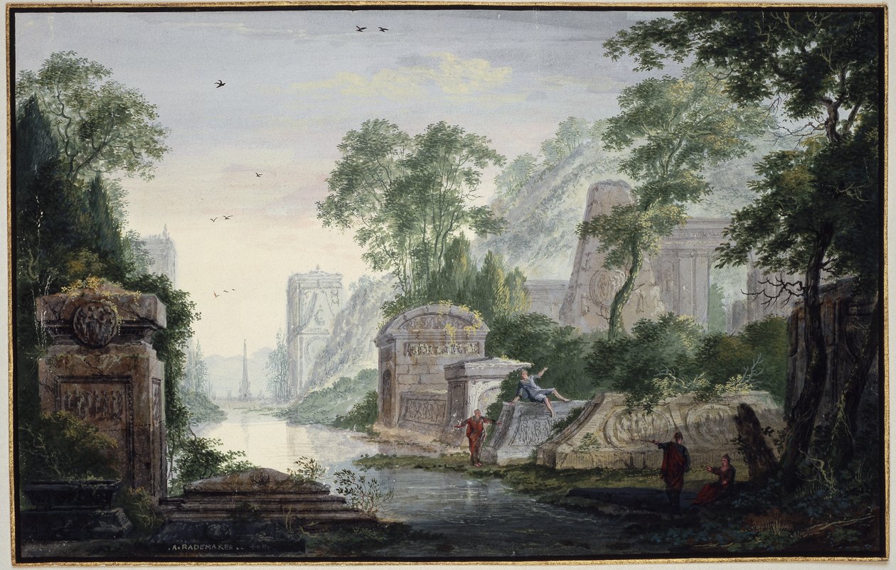 Antieke grafruïnes in een rivierlandschap door Abraham Rademaker