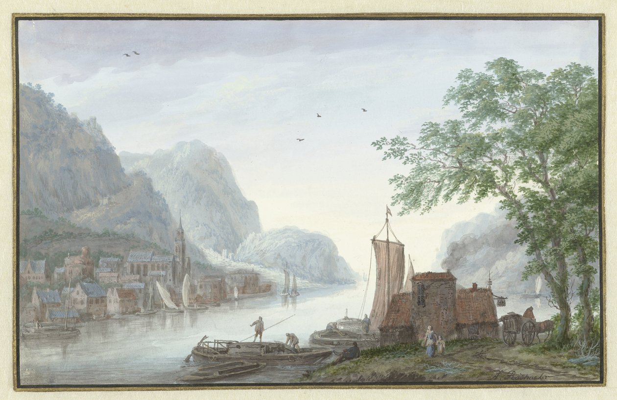 Bergachtig landschap met gezicht op een dorp aan een rivier door Abraham Rademaker