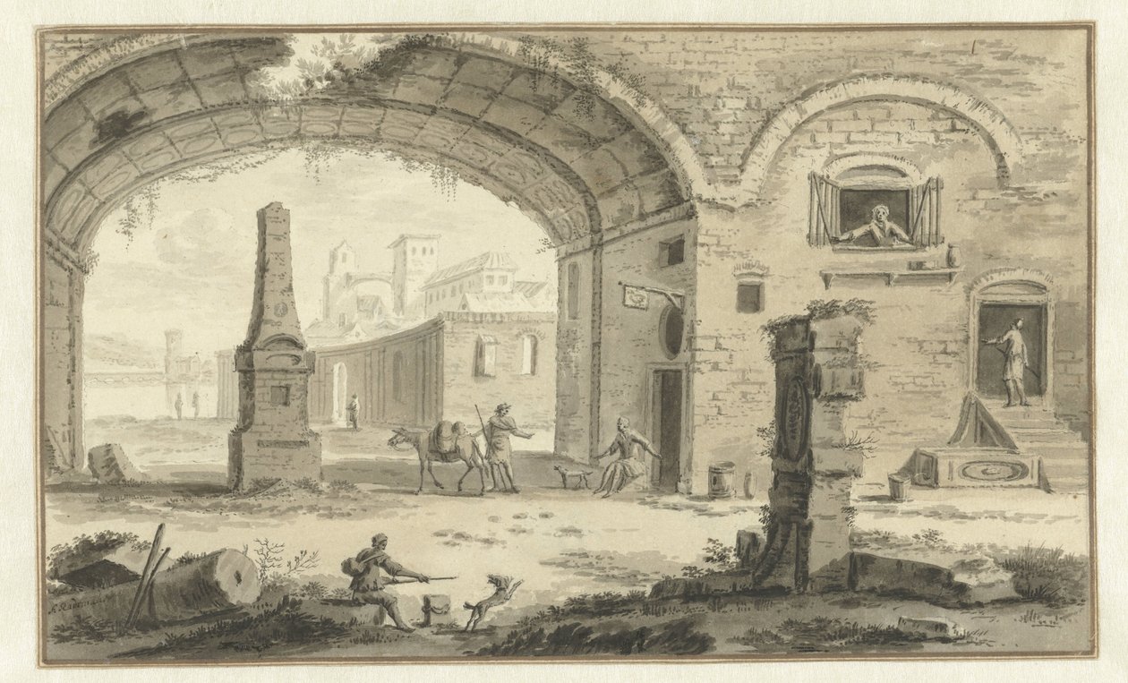 Gefantaseerd Italiaans stadsgezicht met klassieke bouwwerken en doorkijk onder een boog door Abraham Rademaker