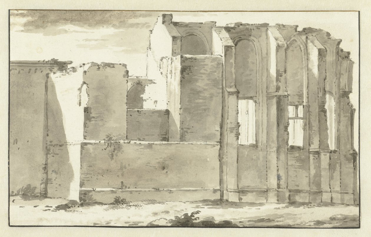 Gezicht op de bouwvallen van het koor van de Grote Kerk te Zandvoort door Abraham Rademaker