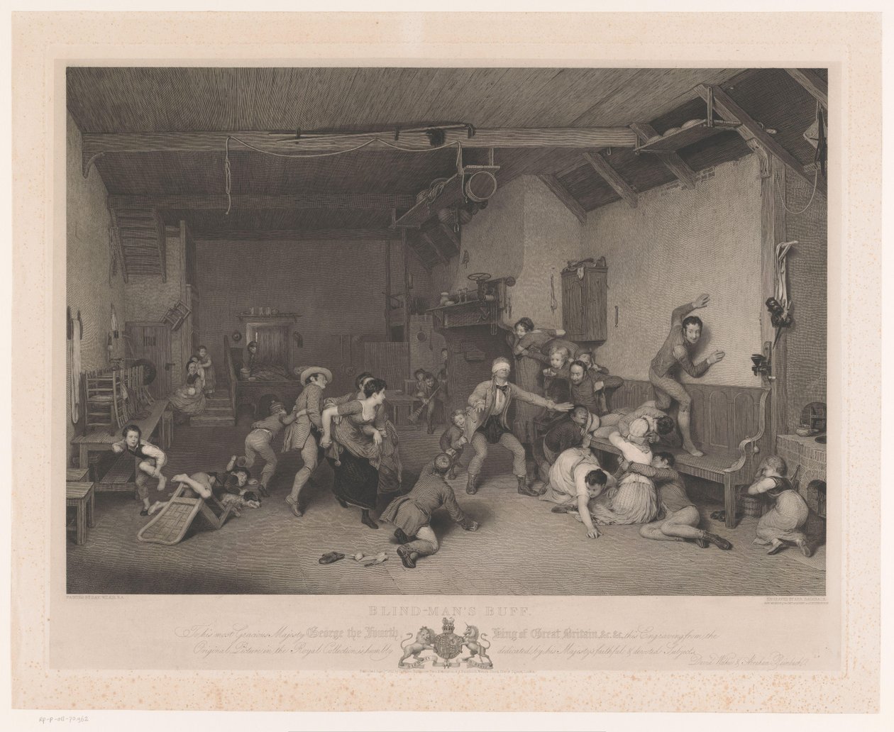 Blindemannetje in interieur met openhaard door Abraham Raimbach