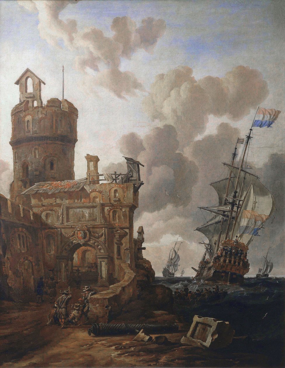 Een Nederlands schip passeert een fort door Abraham Storck