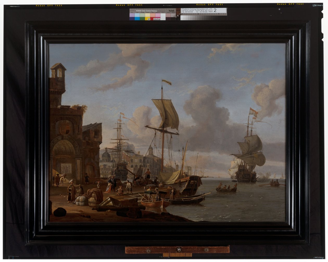 Een capriccio Middellandse Zee haven scène met kooplieden en andere figuren aan de kade door Abraham Storck