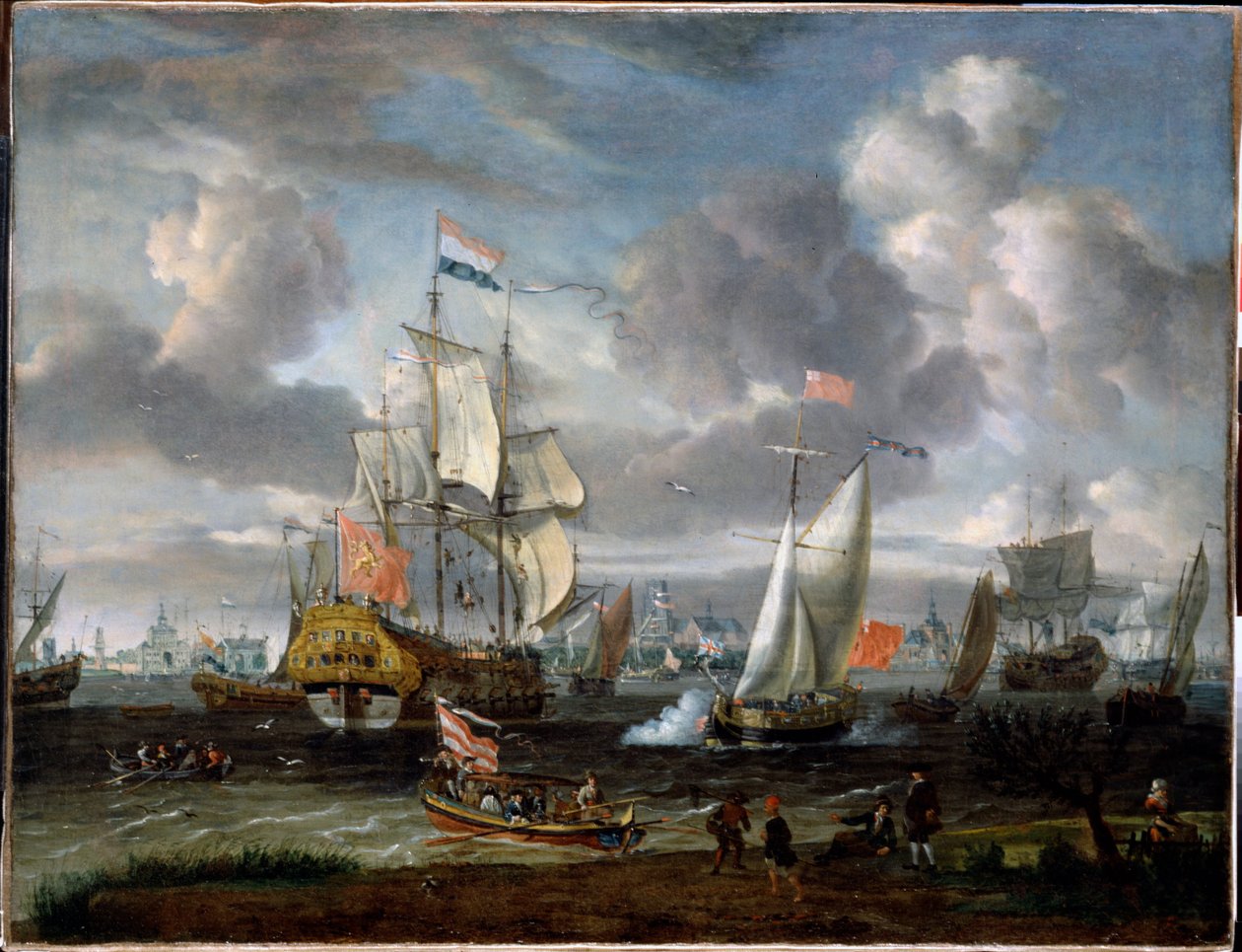 Een Engels jacht dat een Nederlands oorlogsschip groet in de haven van Rotterdam  door Abraham Storck