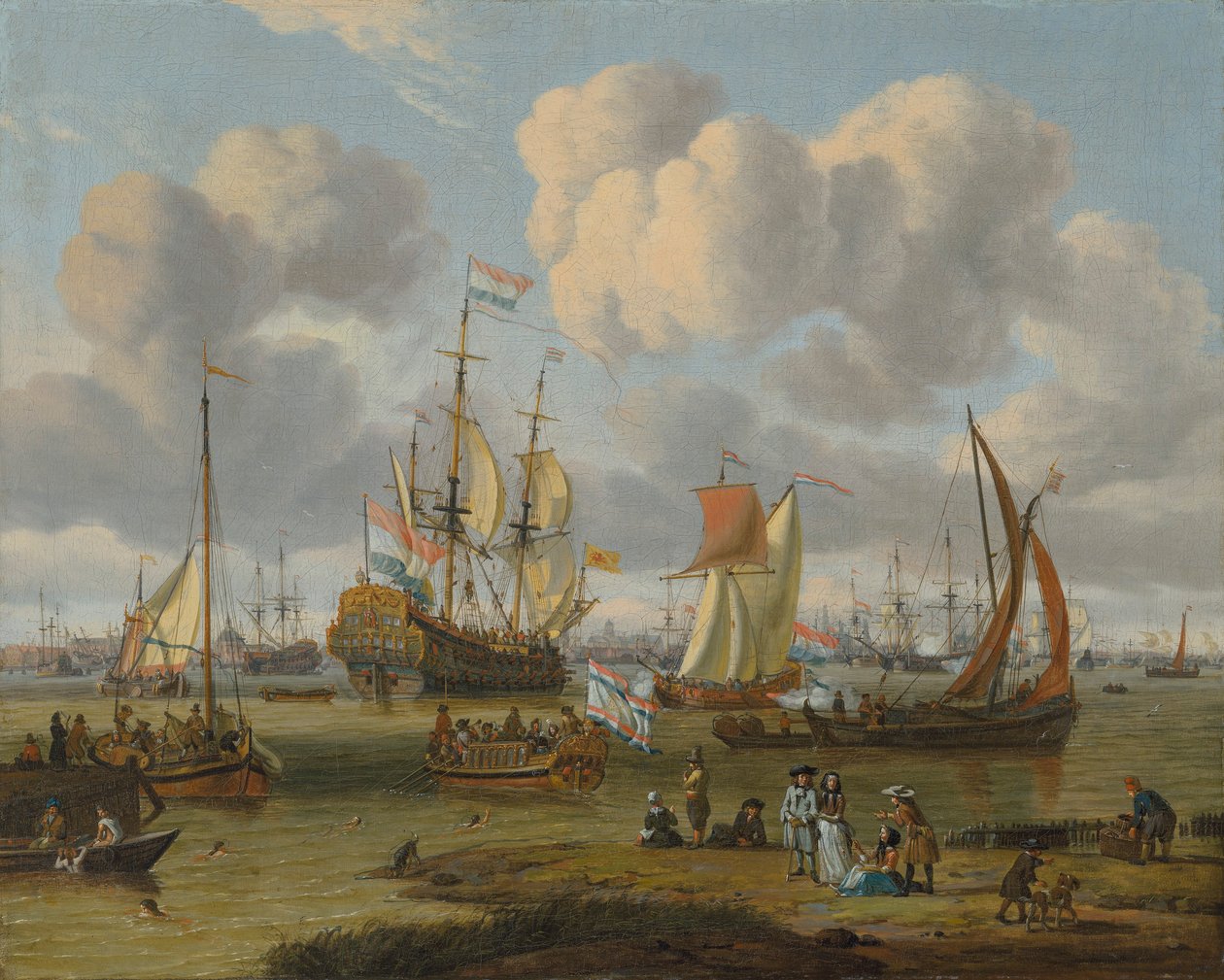 Dutch: Schepen op het IJ voor Amsterdam Shipping off Amsterdam with figures on a quay door Abraham Storck