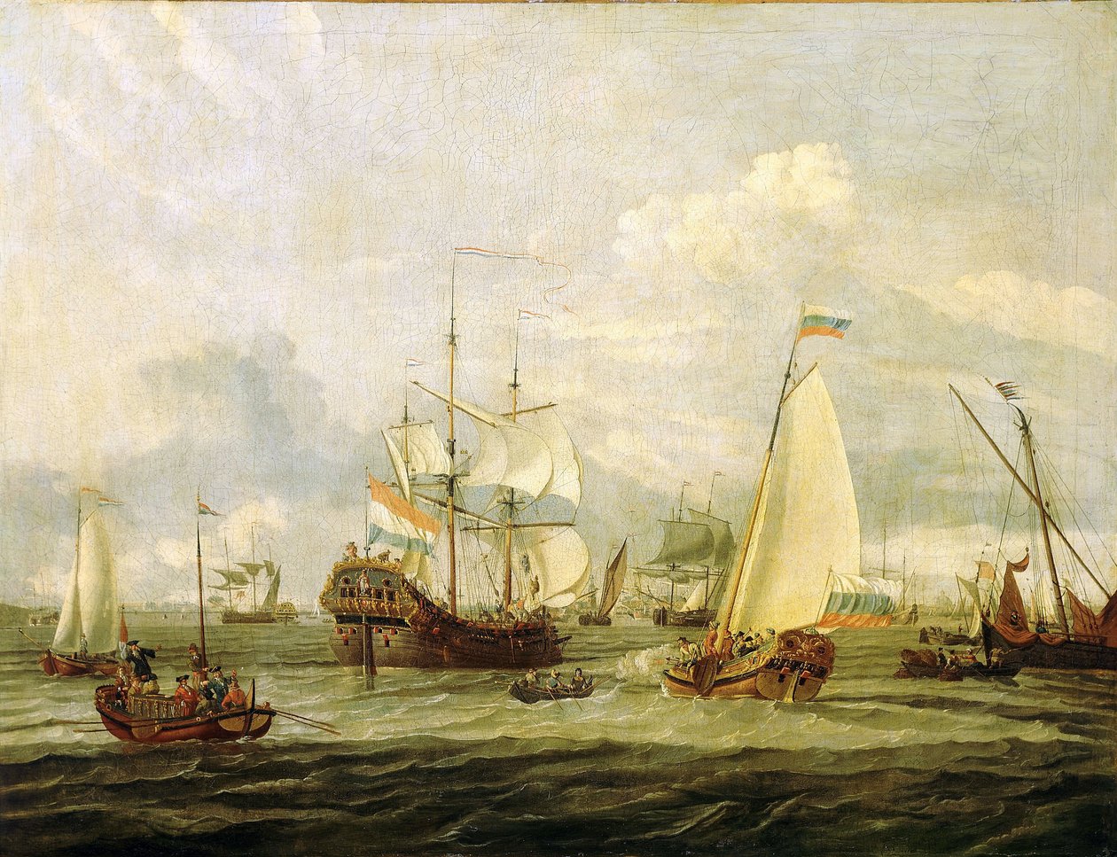 Peter de Grote (1672-1725), tsaar van Rusland, inspecteert een boot in Amsterdam (Nederland). Olieverf op doek door Abraham Storck (1635-1710). door Abraham Storck