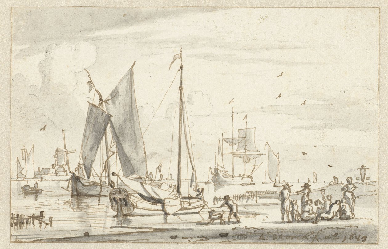 Rivieroever met enkele schepen door Abraham Storck