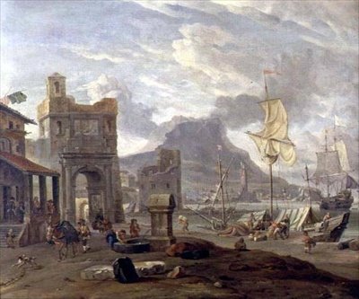 Zeehaven met grote en kleine schepen door Abraham Storck