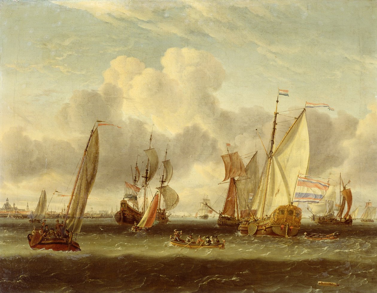 Schepen op het IJ bij de Haven van Amsterdam door Abraham Storck