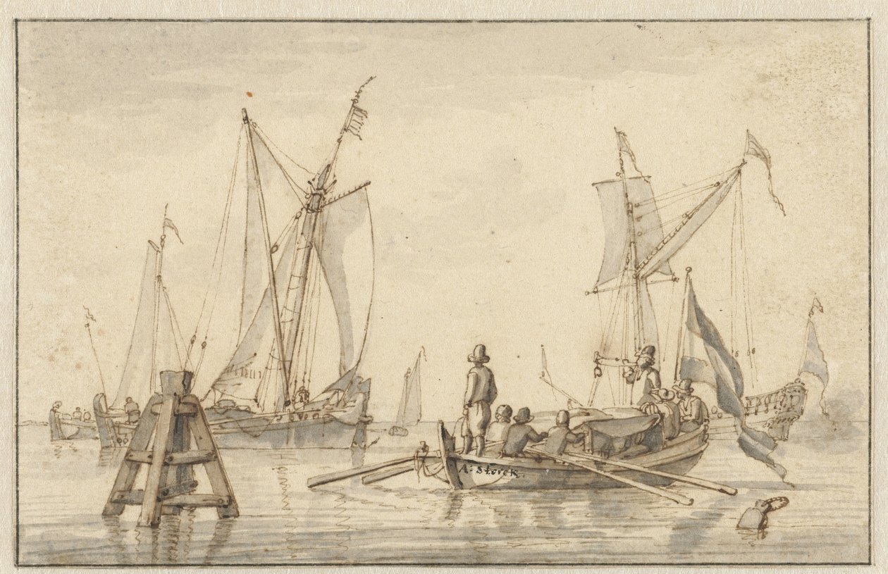 Stille zee met enkele boten door Abraham Storck