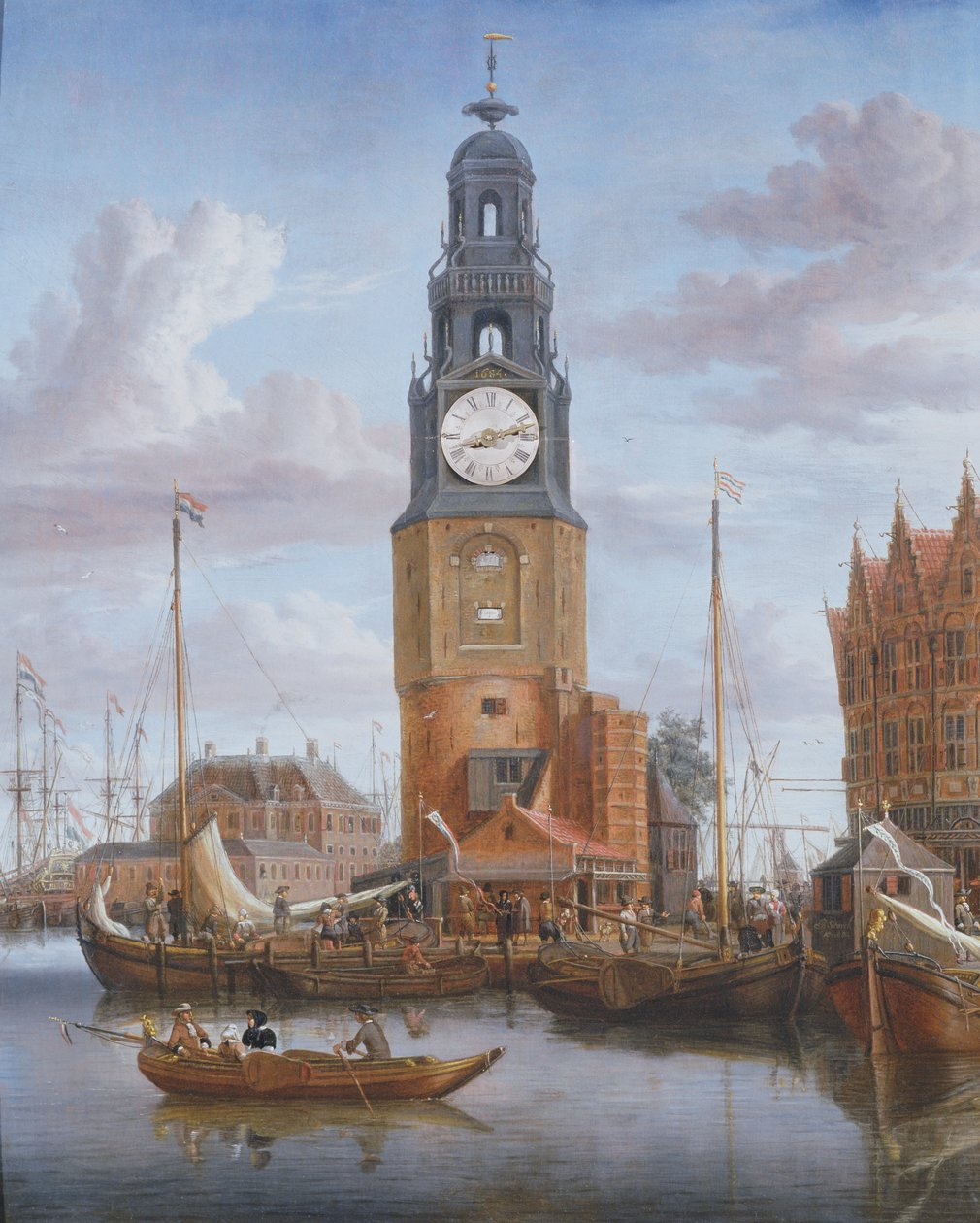 Uitzicht op de Haringspacker Toren in Amsterdam, met een werkende klok in het schilderij, 1684 door Abraham Storck