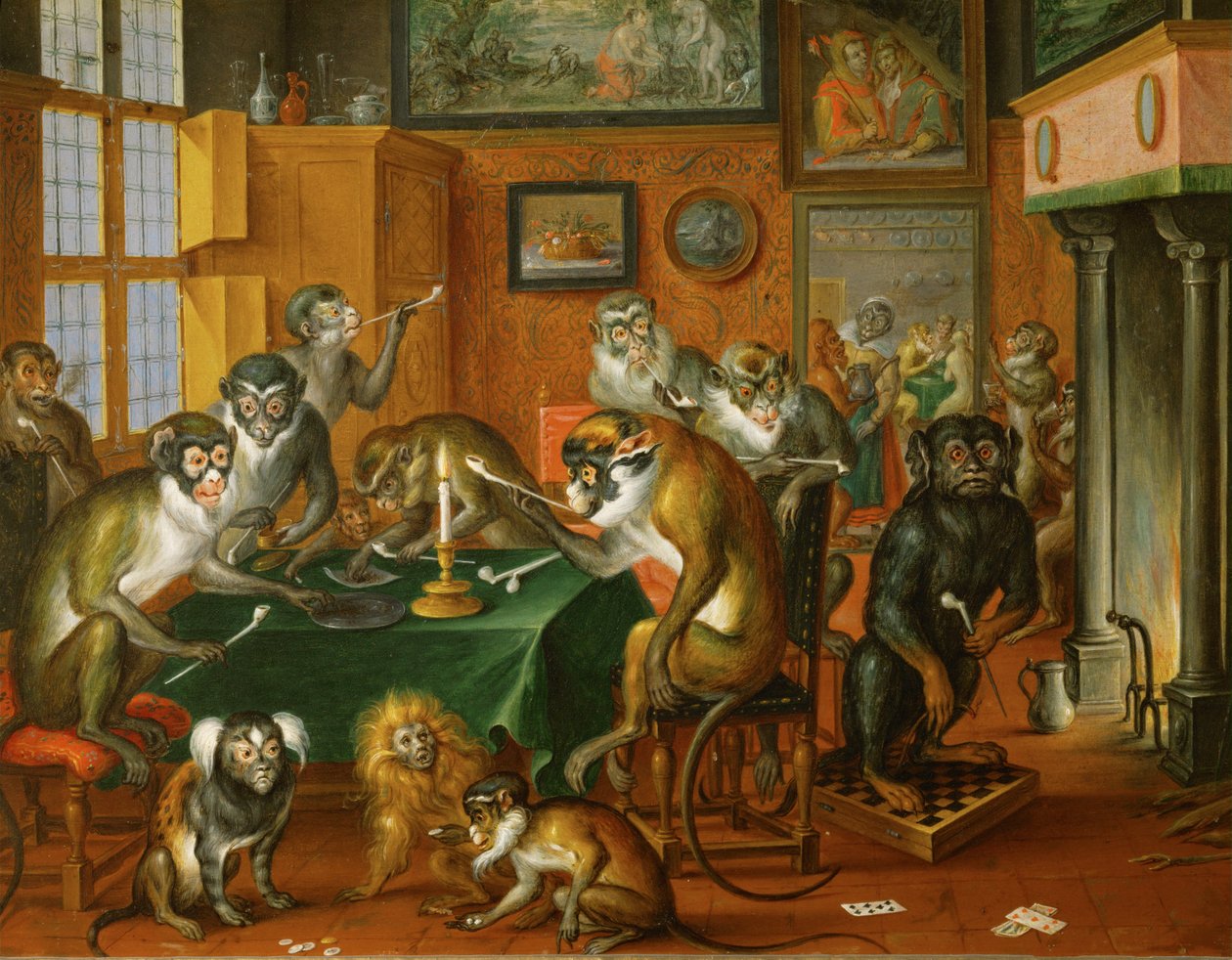 Tabakskollegium von Affen - Rokende groep apen ... (olieverf op koper) door Abraham Teniers