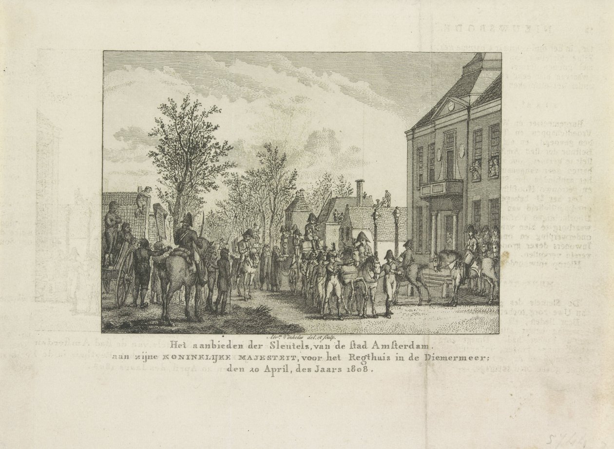 Aanbieden van de sleutels van de stad aan Lodewijk Napoleon, 1808 door Abraham Vinkeles