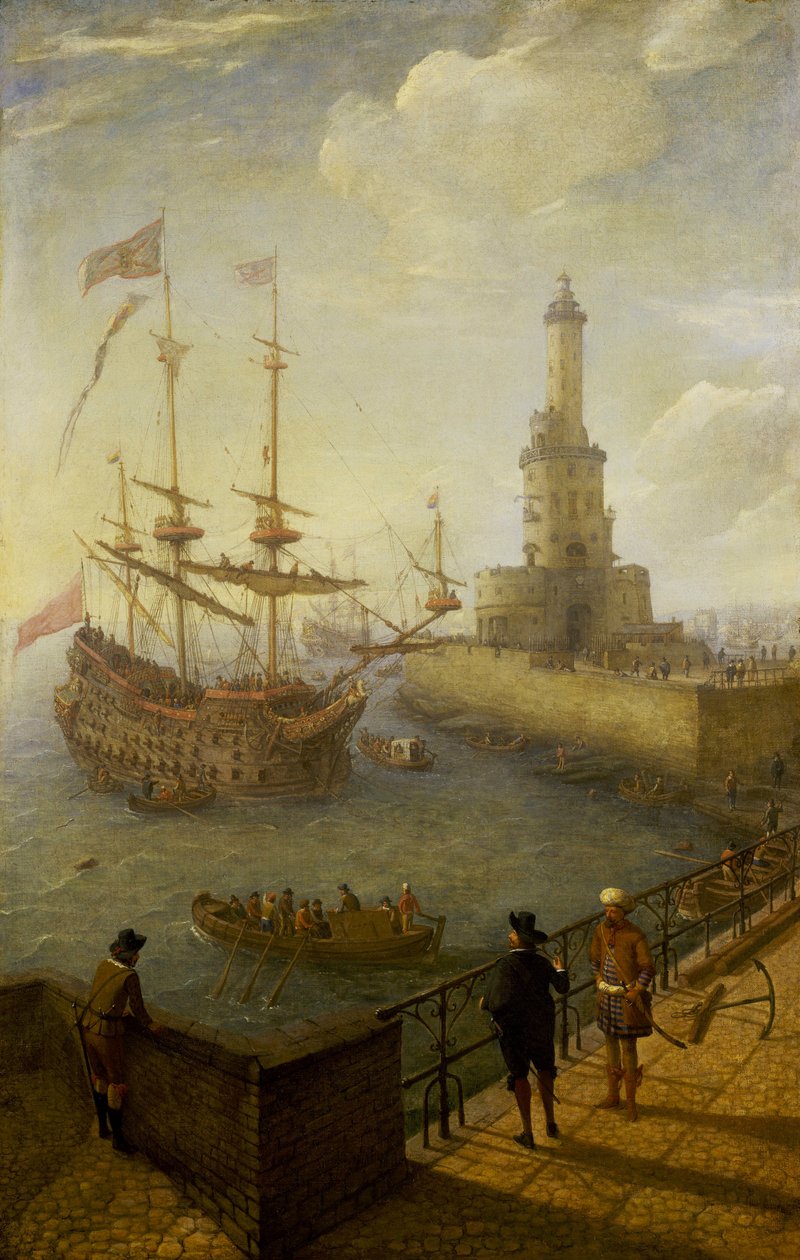 Een Spaanse driemaster voor anker voor de kust van Napels (Italië), gezien vanaf een geplaveide pier in de stad, richting de vuurtoren en de gebouwen van de mediterrane haven door Abraham Willaerts