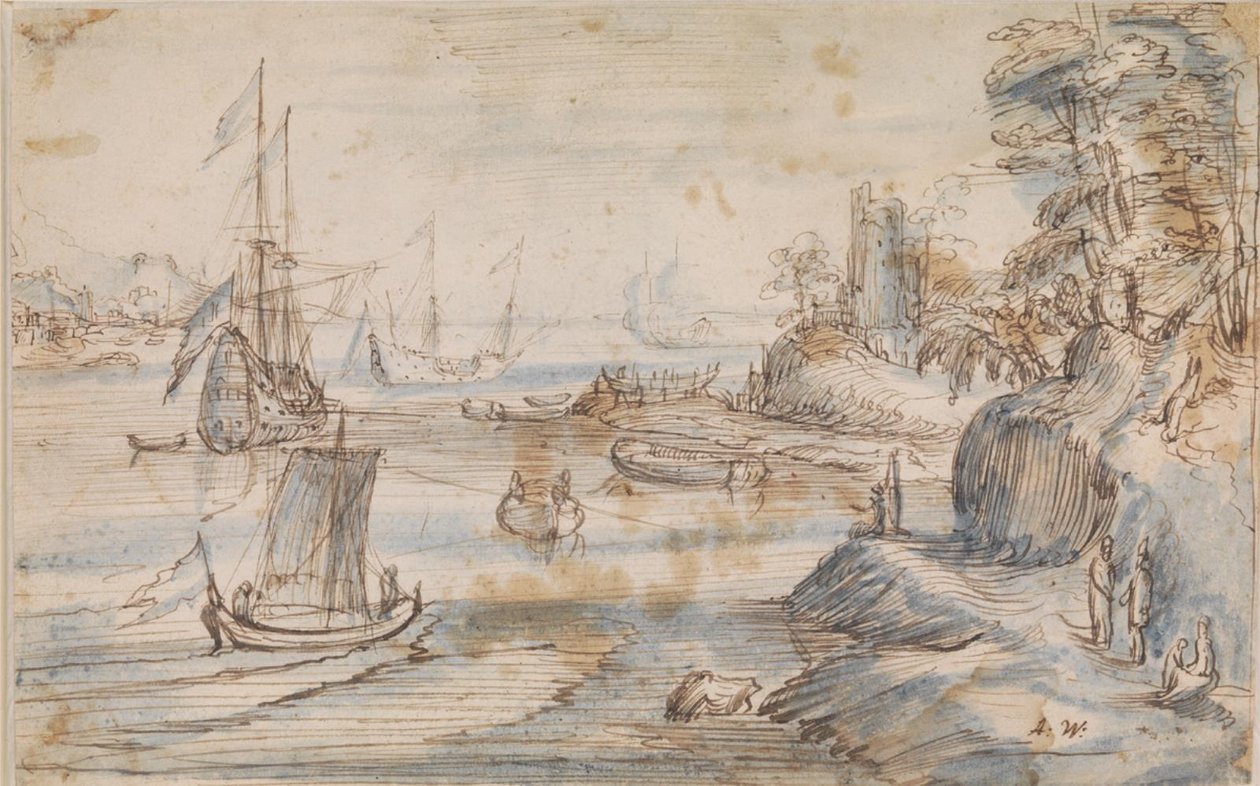 Kustlandschap met meerdere schepen, een hoge kust met meerdere figuren door Abraham Willaerts