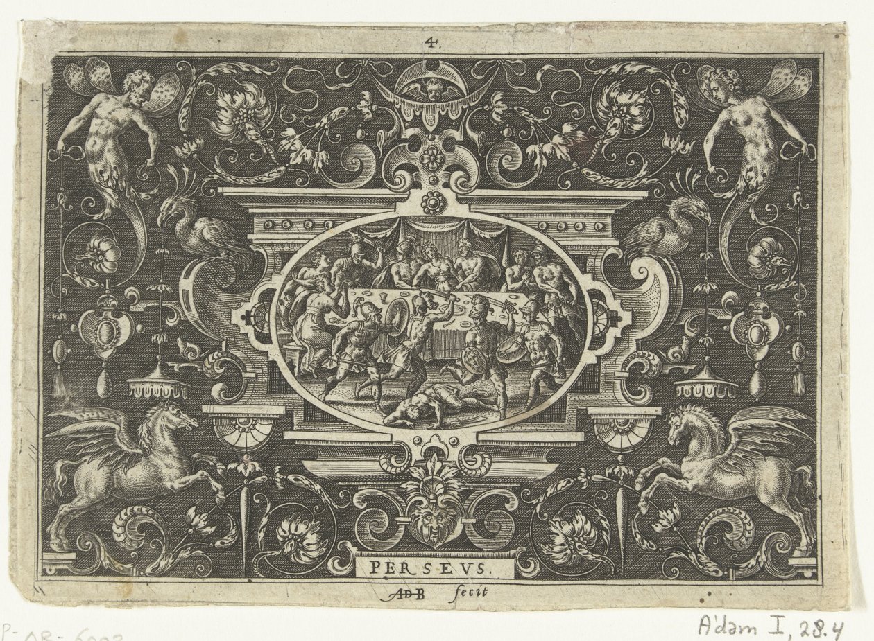 Cartouche: Phineus verstoort de bruiloft van Perseus en Andromeda door Abraham de Bruyn