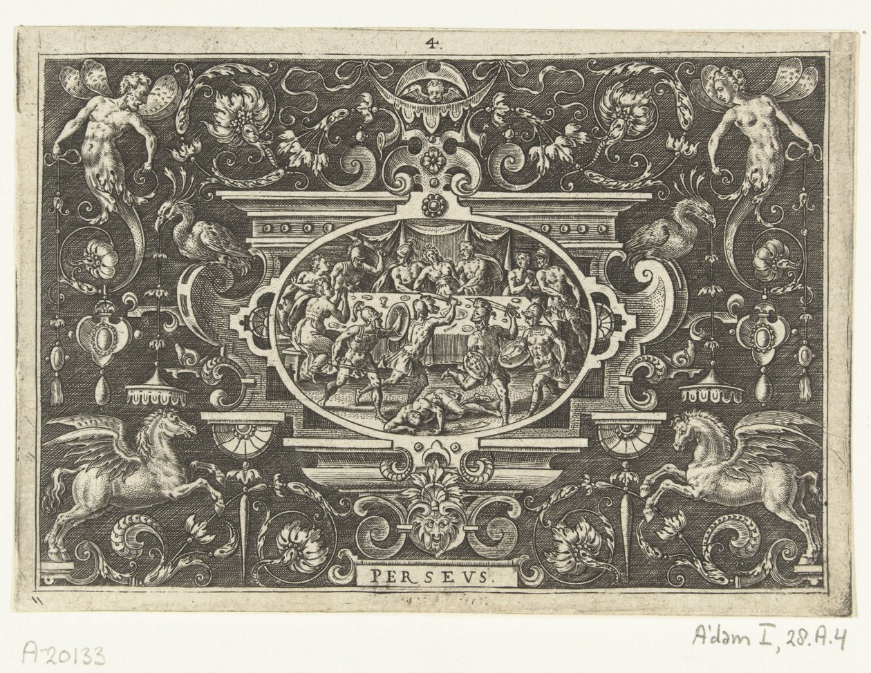 Phineus verstoort de bruiloft van Perseus en Andromeda door Abraham de Bruyn