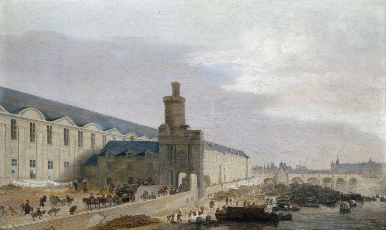 Frans: La Grande Galerie du Louvre avec la porte Neuve et la tour de Bois Uitzicht op Parijs met de Grande Galerie van het Louvre, de Tour de Bois en de Pont Neuf door Abraham de Verwer