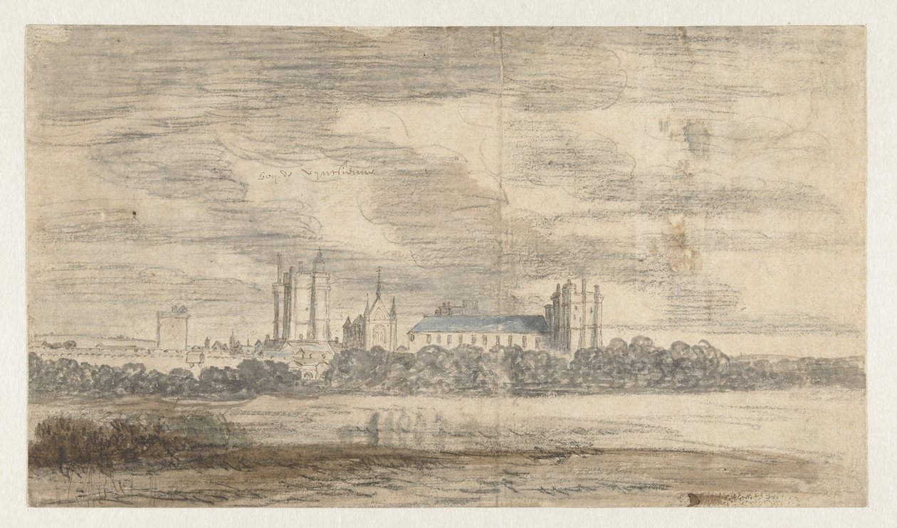 Gezicht op het kasteel van Vincennes, achter een rij bomen door Abraham de Verwer