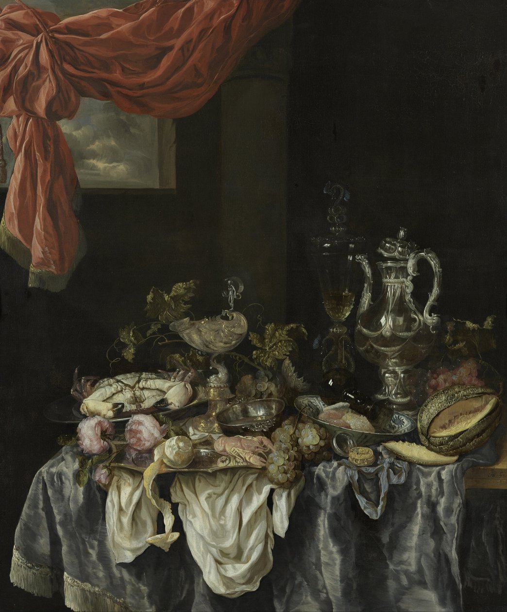 Weelderig stilleven met glas- en zilverwerk, fruit, schelpdieren en een horloge op een donker tafelkleed door Abraham van Beijeren