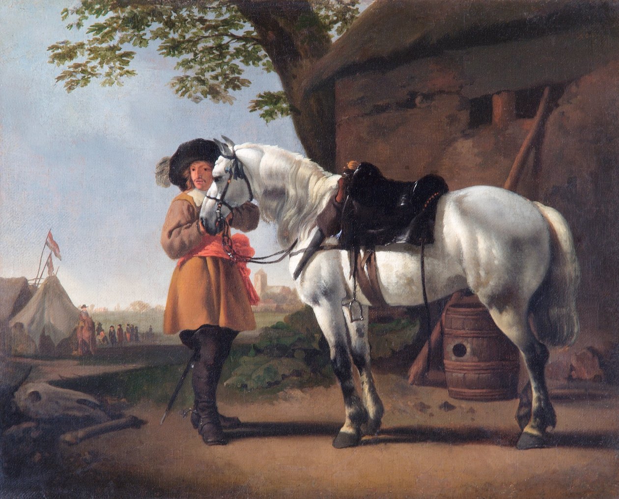 Een cavalerist met een grijs paard door Abraham van Calraet