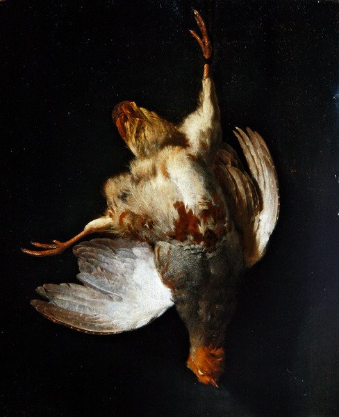 Een stilleven met een patrijs hangend aan een spijker door Abraham van Calraet