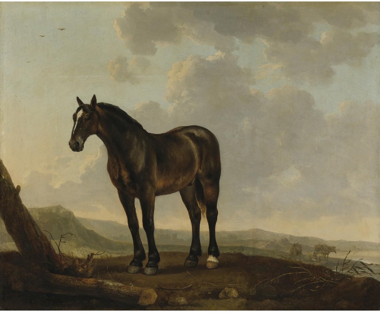 Portret van een bruin paard in een landschap door Abraham van Calraet