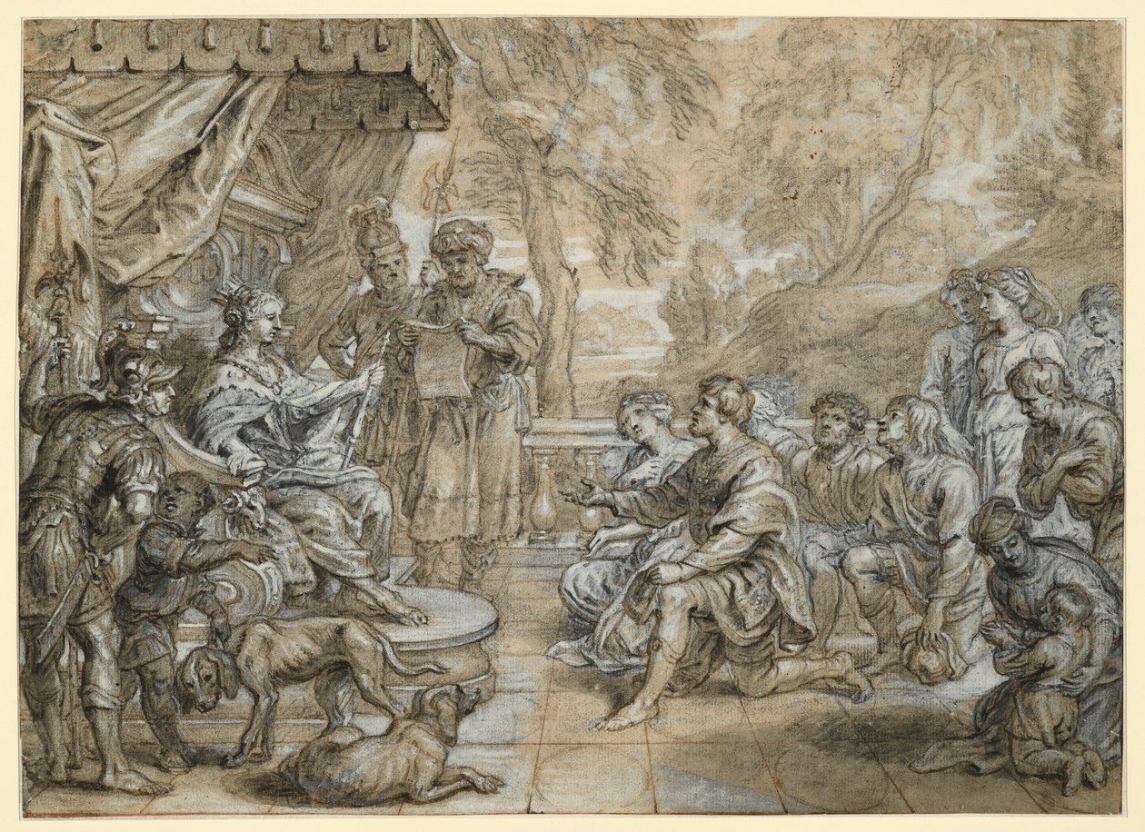 Een koningin met hermelijnen mantel en scepter (Semiramis?) op een troon, voor haar knielt een groep mannen en vrouwen door Abraham van Diepenbeeck