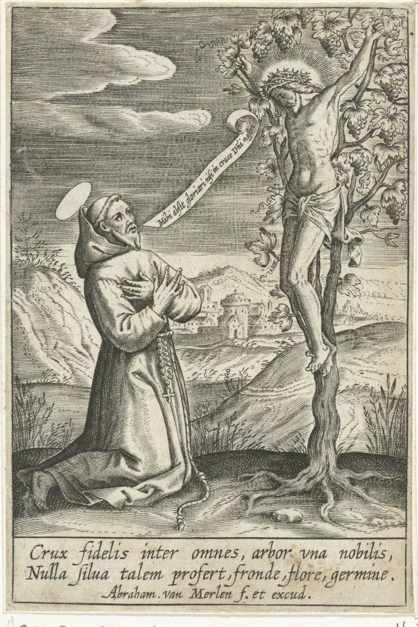 Knielende heilige voor Christus aan het kruis door Abraham van Merlen