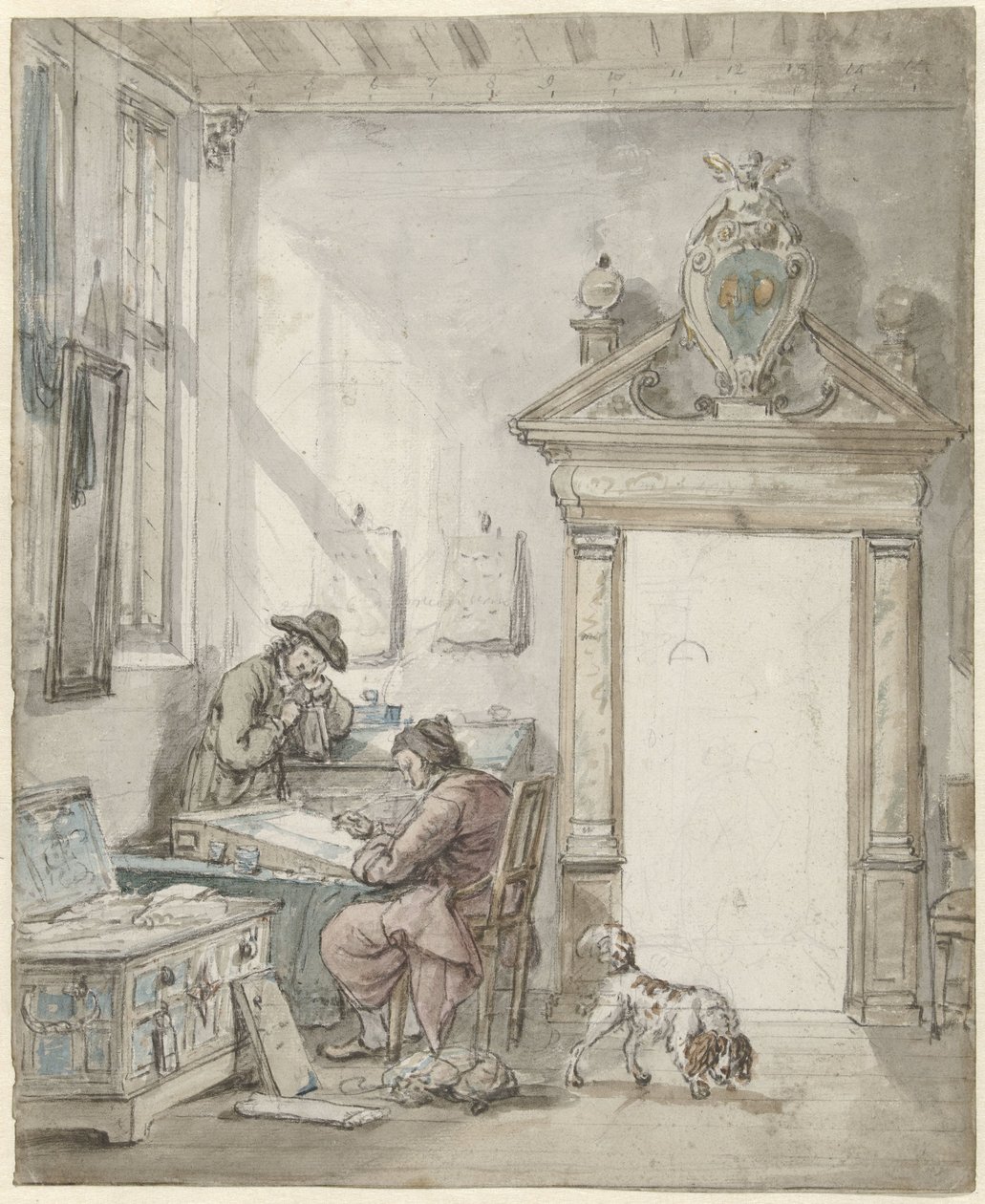 Interieurscène met schrijvende man aan een lessenaar door Abraham van Strij (I)
