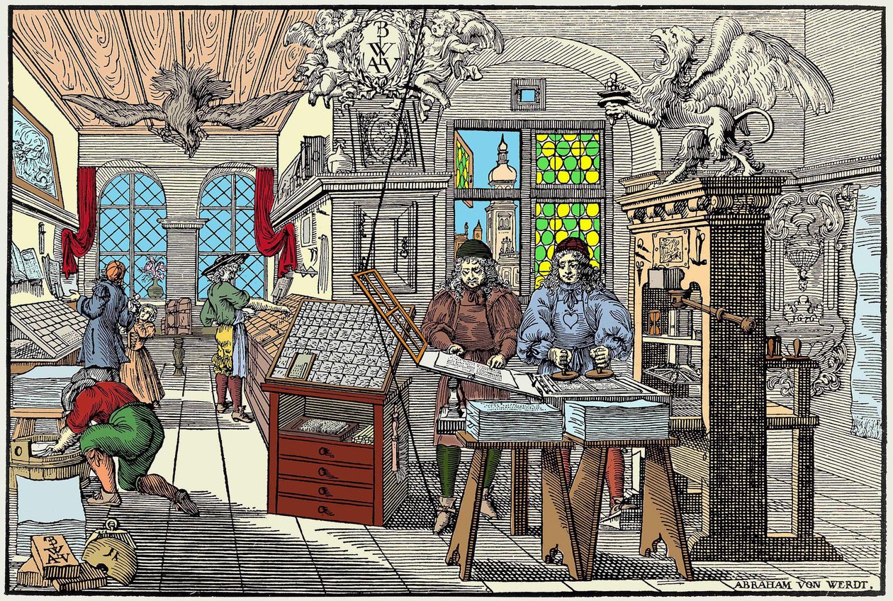 Interieur van een drukkerij in Neurenberg, Duitsland: arbeiders aan het werk, begin 17e eeuw - gravure door Abraham van Werdt door Abraham van Werdt