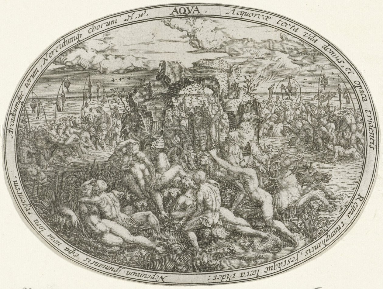 Neptunus met nereïden en tritons: het element water door Abraham van den Hecken