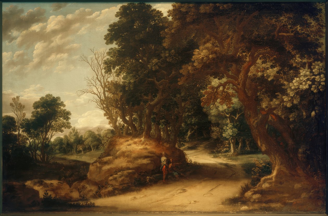 Boslandschap met rustende wandelaars door Abraham van den Rande