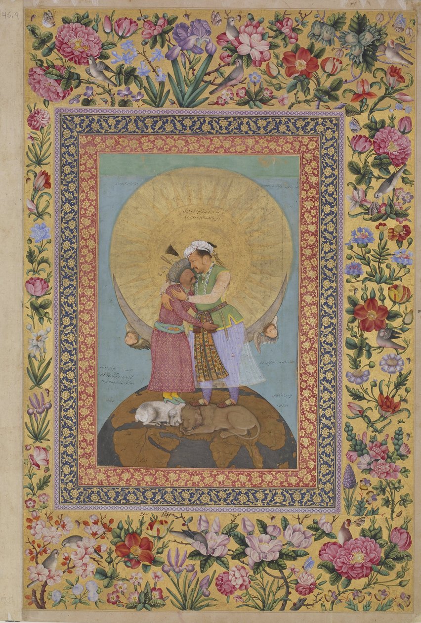 Het Sint-Petersburg Album: Allegorische voorstelling van keizer Jahangir en Shah door Abul Hasan