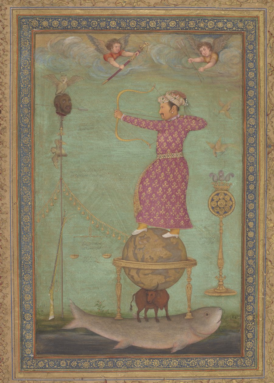 Jahangir die het hoofd van Malik Ambar schiet, begin 17e eeuw (dekkende aquarel, inkt  goud op papier) door Abu