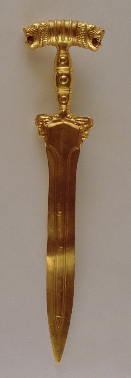 Zwaard met dubbele leeuwenkop handvatdecoratie, uit Hamadan, Iran door Achaemenid