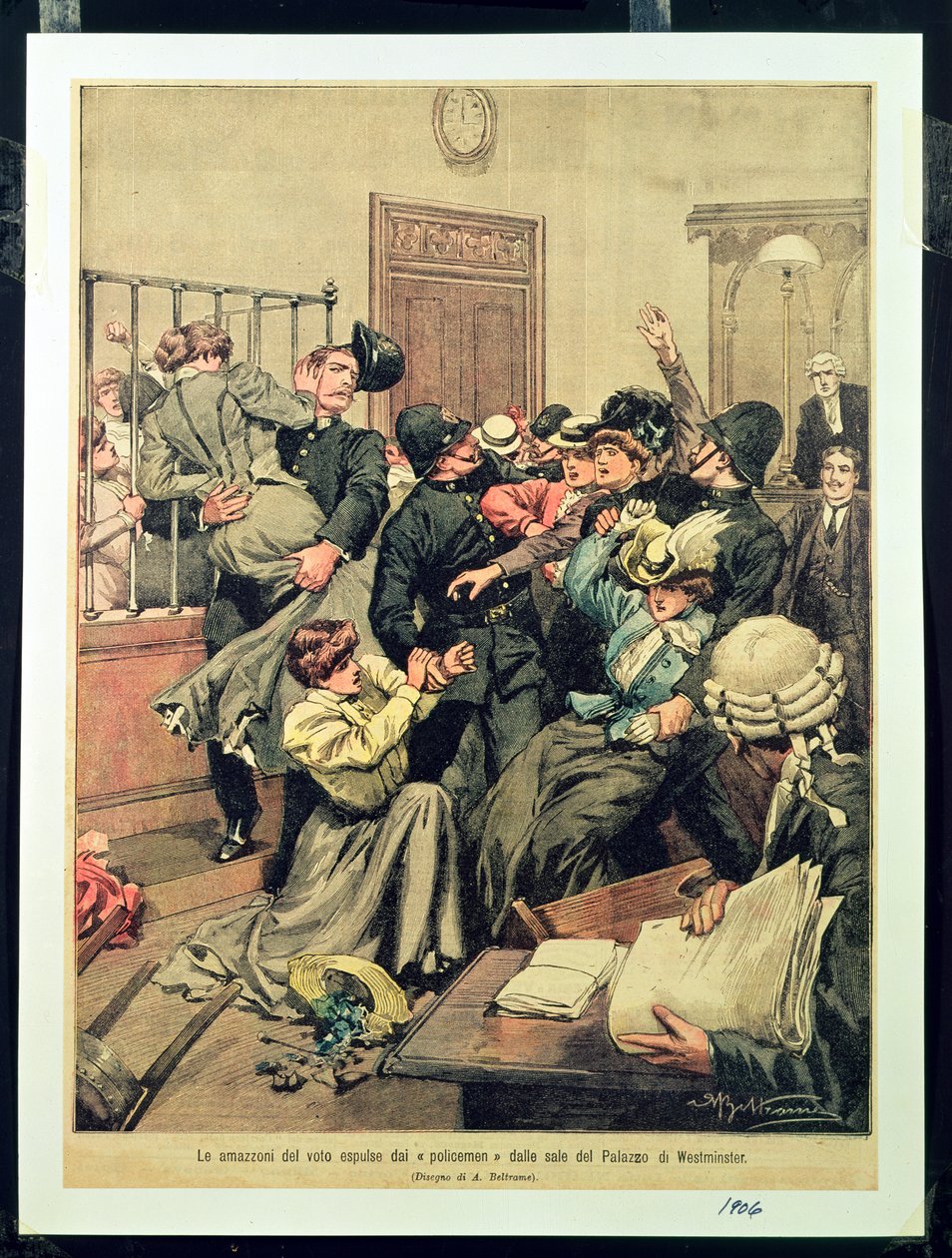 Politieagenten verdrijven suffragettes uit een kamer in het Palace of Westminster, 1906 door Achille Beltrame