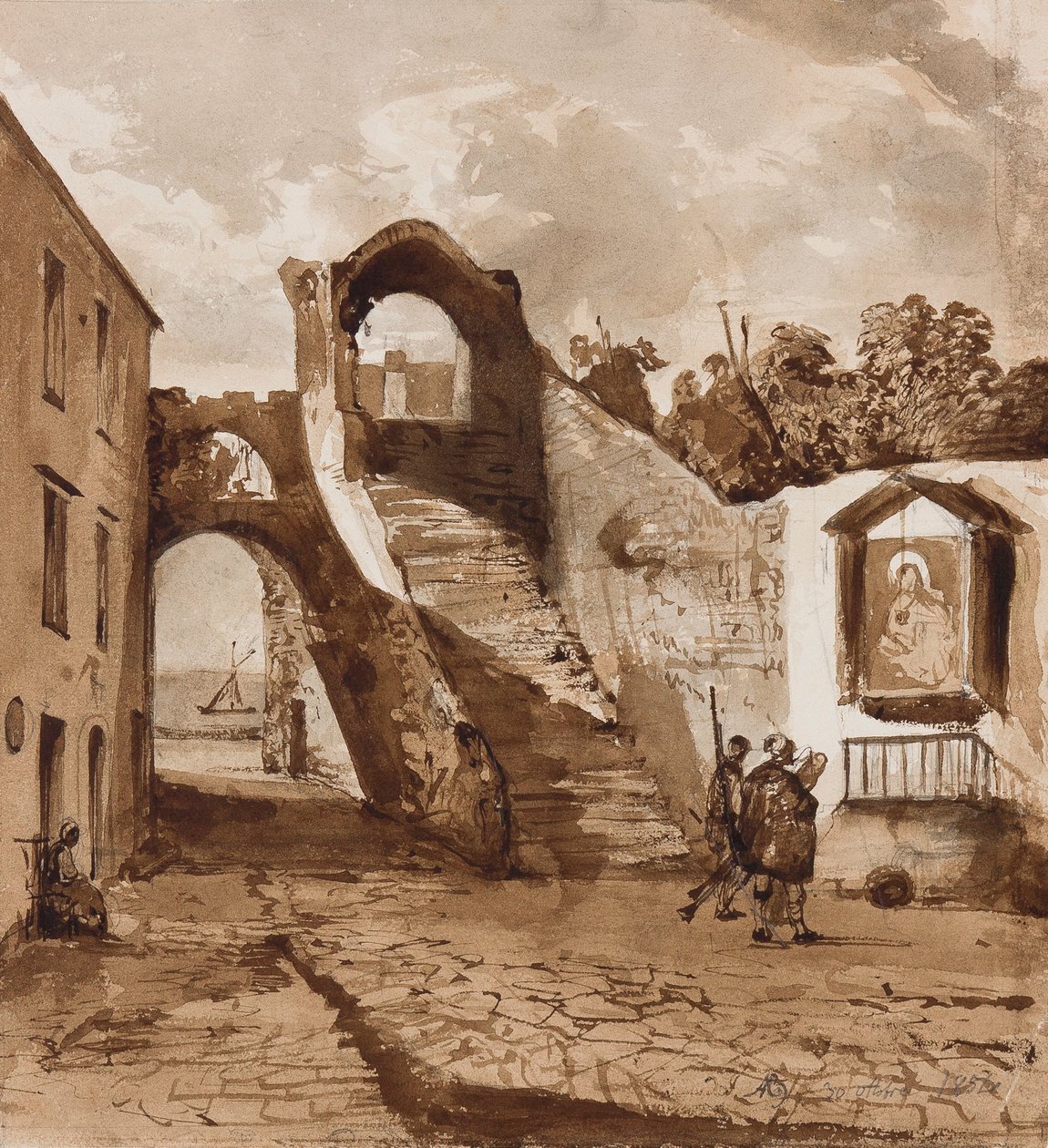 Heiligdom in de muren van een Napolitaans dorp, met toevoegingen door Prins Alfonso Maria di Borbone (1841-1934), 30 oktober 1854 door Achille Vianelli
