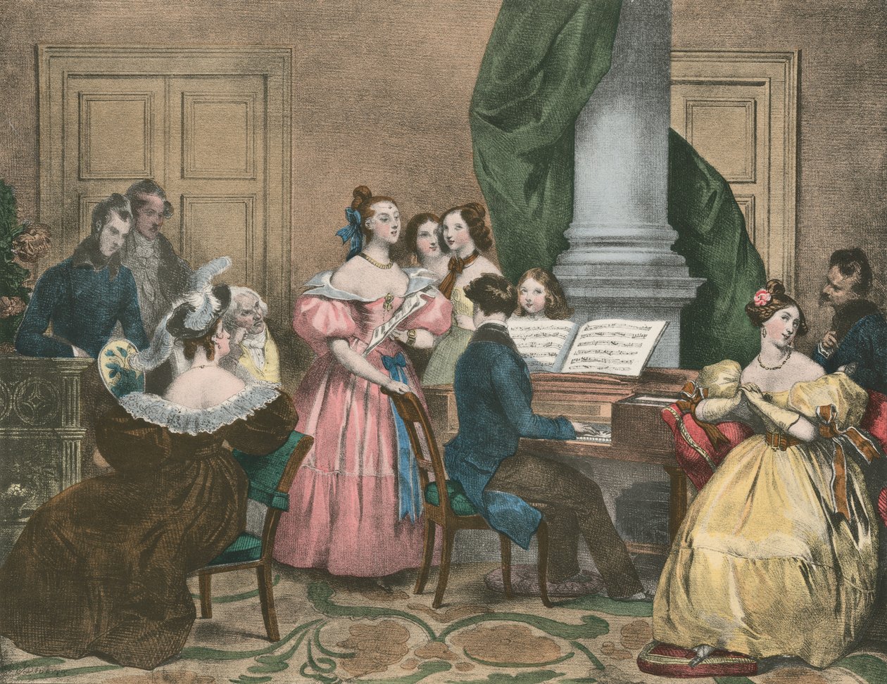 Soiree Musicale, Muzikaal Avondfeest (kleurenlitho) door Achille (after) Deveria