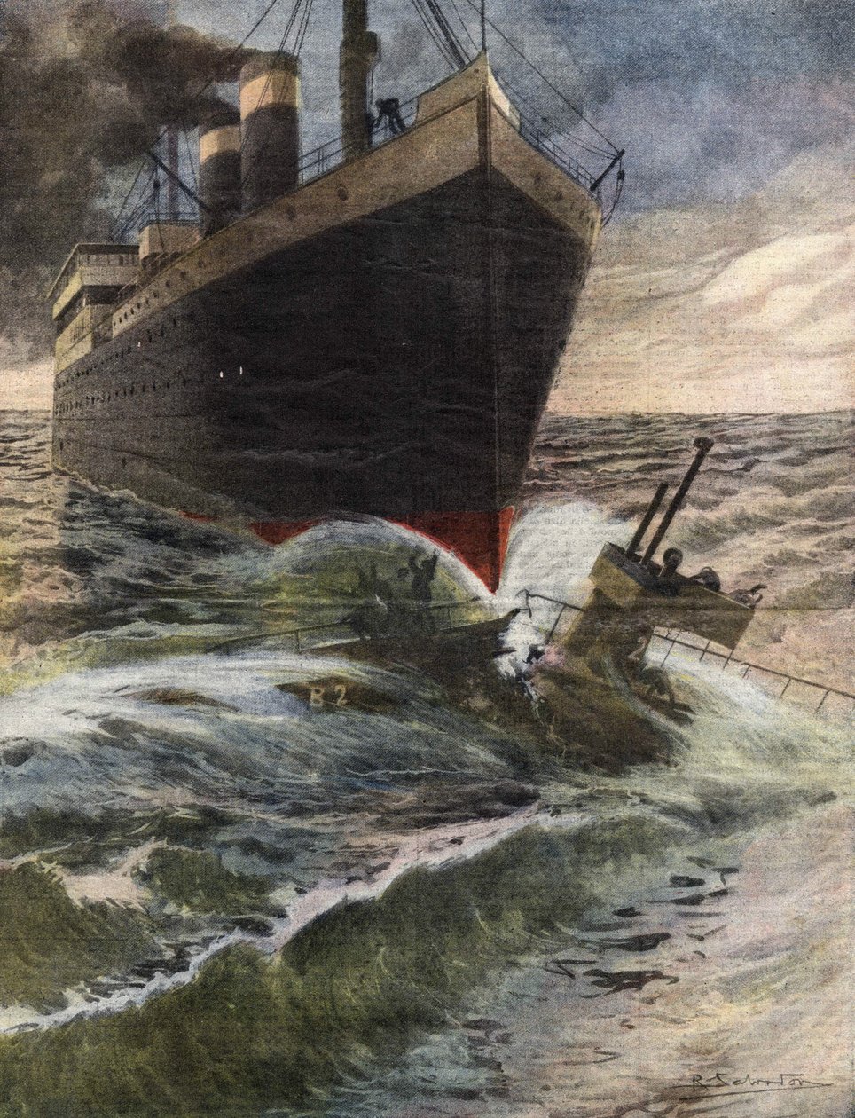 Een Duitse transatlantische boot kantelt en breekt een onderzeeër van de Engelse vloot voor de kust van Dover - Illustratie door Beltrame - 