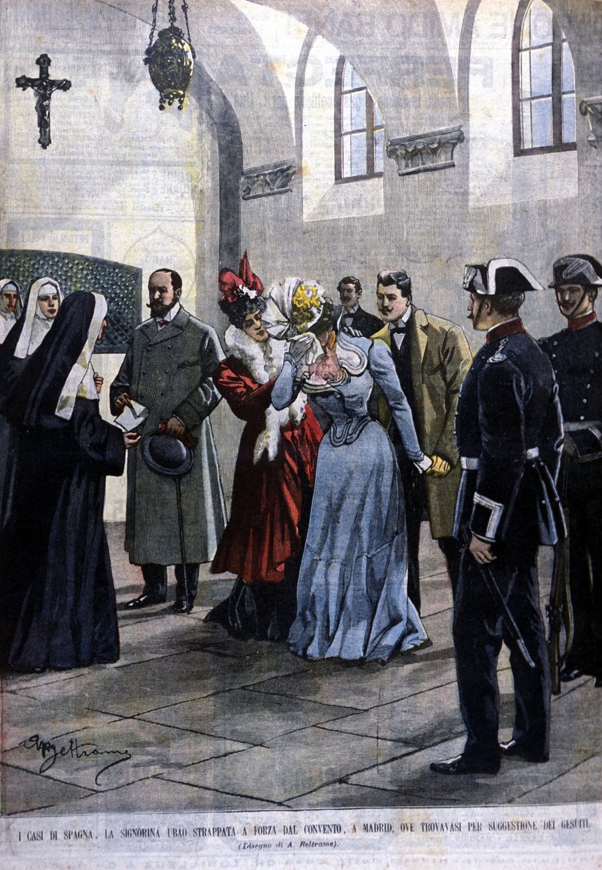In Madrid wordt een jonge vrouw, juffrouw Ubao, uit het kloosterleven gehaald waar ze zich bevond op suggestie van de Jezuïeten. Illustratie door Beltrame. La Domenica del corriere. 1901. door Achille Beltrame