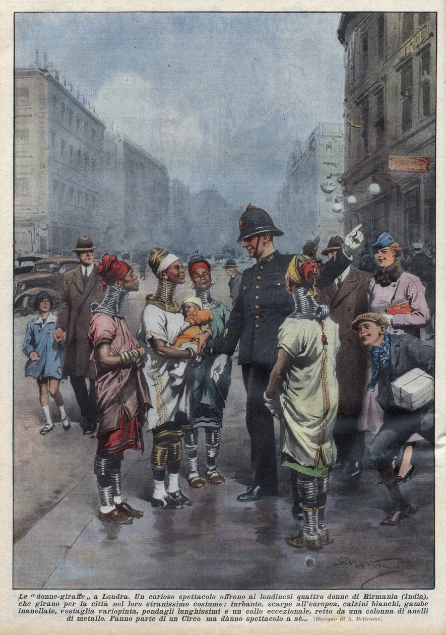 Een groep vrouwen-giraffen uit Birma vraagt de weg aan een Engelse politieagent in Londen, ze zijn gekleed in tulband, tuniek, ringen om de nek en benen. Illustratie van Achille Beltrame in 