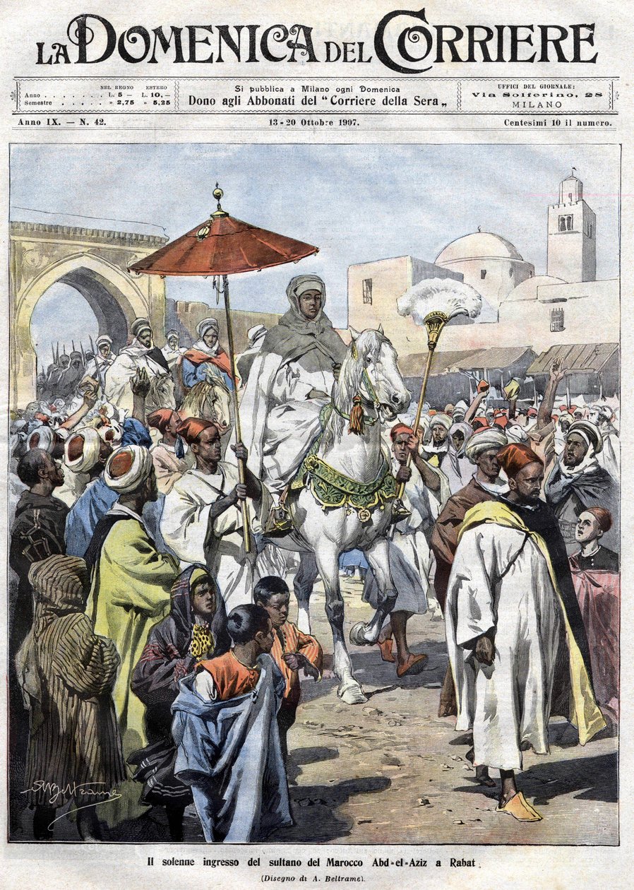 Abd al-Aziz (al-Hasan Mohamed al-Hasani al-Alaoui) kwam Rabat binnen in Marokko in oktober 1907 door Achille Beltrame