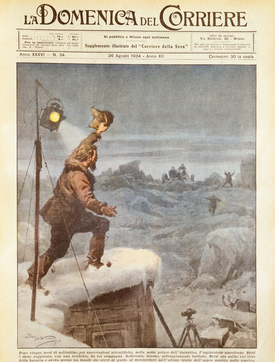 Amerikaanse ontdekkingsreiziger, Richard E Byrd, vergezeld door metgezellen in Antarctica na vijf maanden alleen te zijn geweest, door Achille Beltrame, illustratie, Illustrator Achille Beltrame (1871-1945), uit La Domenica del Corriere, 26 augustus 1934 door Achille Beltrame