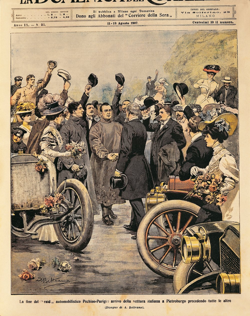 Aankomst in Sint-Petersburg van Italiaanse winnende auto (Itala 35/45 HP bestuurd door Scipione Borghese en Ettore Guizzardi), einde van de Parijs-Peking autorace, illustratie door Achille Beltrame uit La Domenica del Corriere, 11-18 augustus door Achille Beltrame