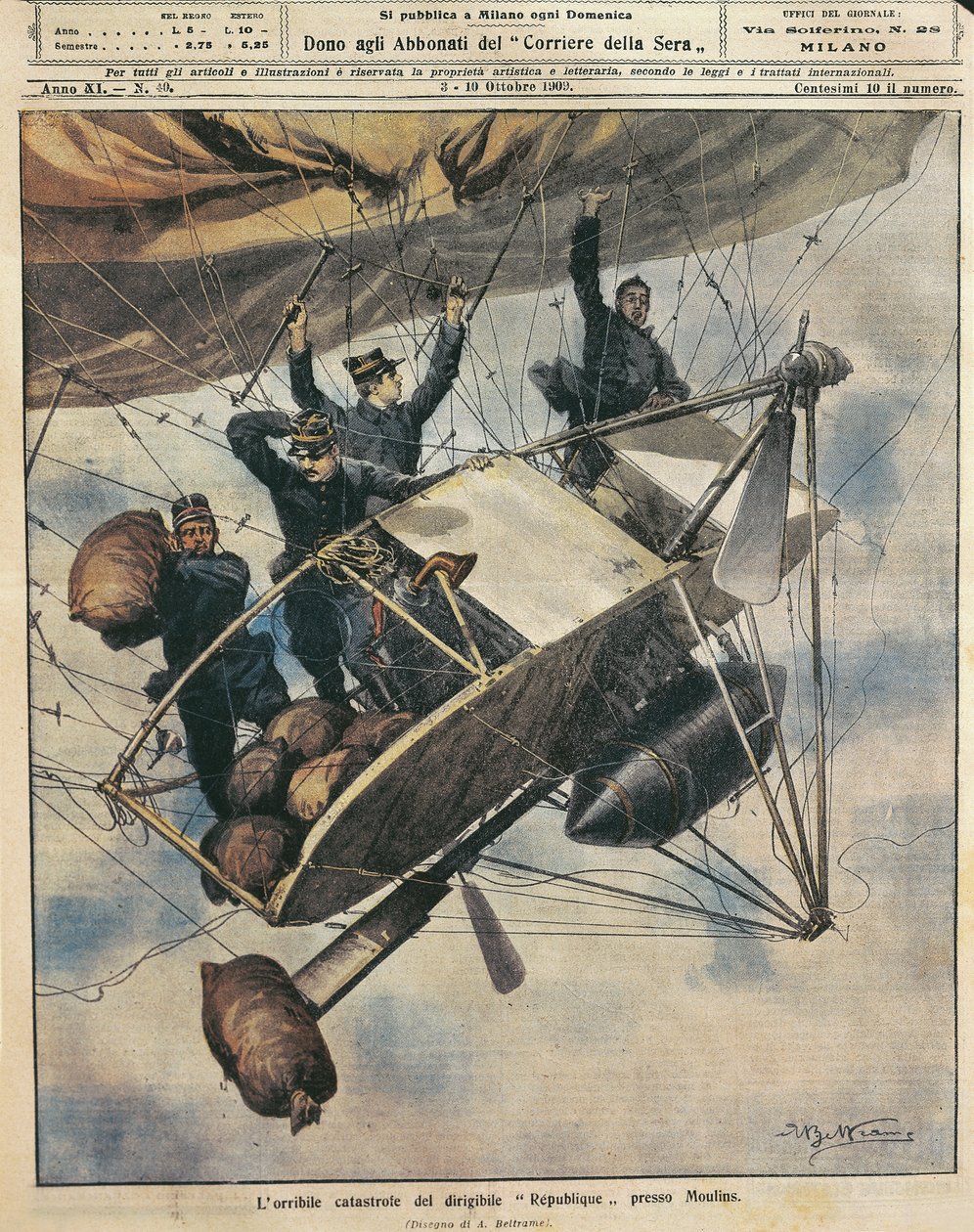 Rampspoed van luchtschip Republique nabij Moulins, Frankrijk, illustratie door Achille Beltrame uit La Domenica del Corriere, 3-10 oktober door Achille Beltrame