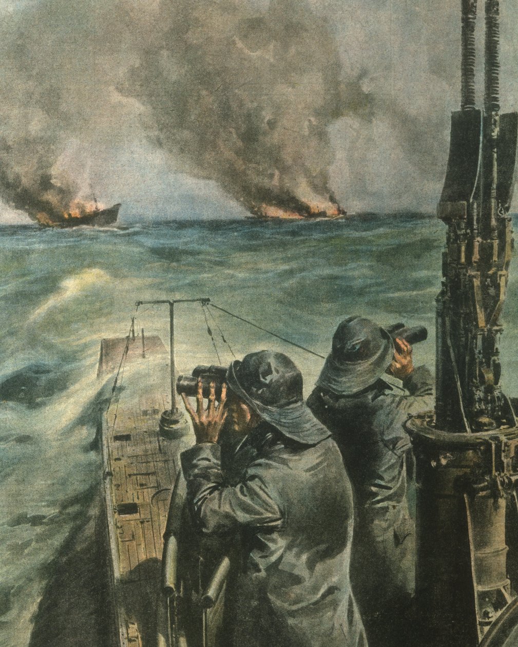 Omslagillustratie van Anglo-Amerikaanse stoomschepen getorpedeerd voor de kust van West-Afrika tijdens de Tweede Wereldoorlog door Achille Beltrame